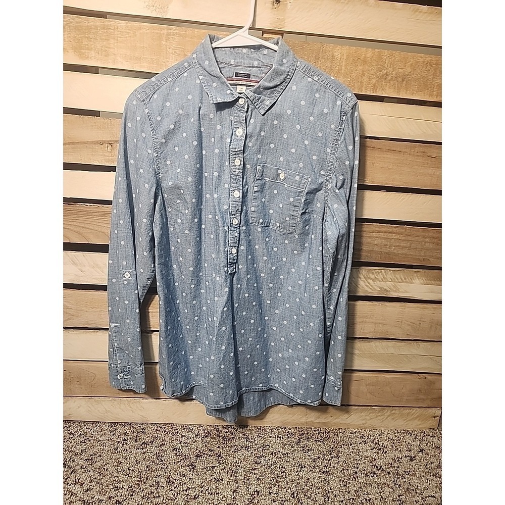 Tommy Hilfiger Shirt Women's L Blue White Geometric Snowflake Button Up Cotton